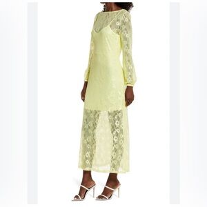 NWT Open Edit Womens Lined Floral Lace Yellow Maxi Long Sleeve size Medium.